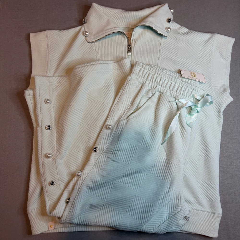 Simply Southern Seafoam Green mintQuilted 2 Piece Lounge Set Quarter Zip Large